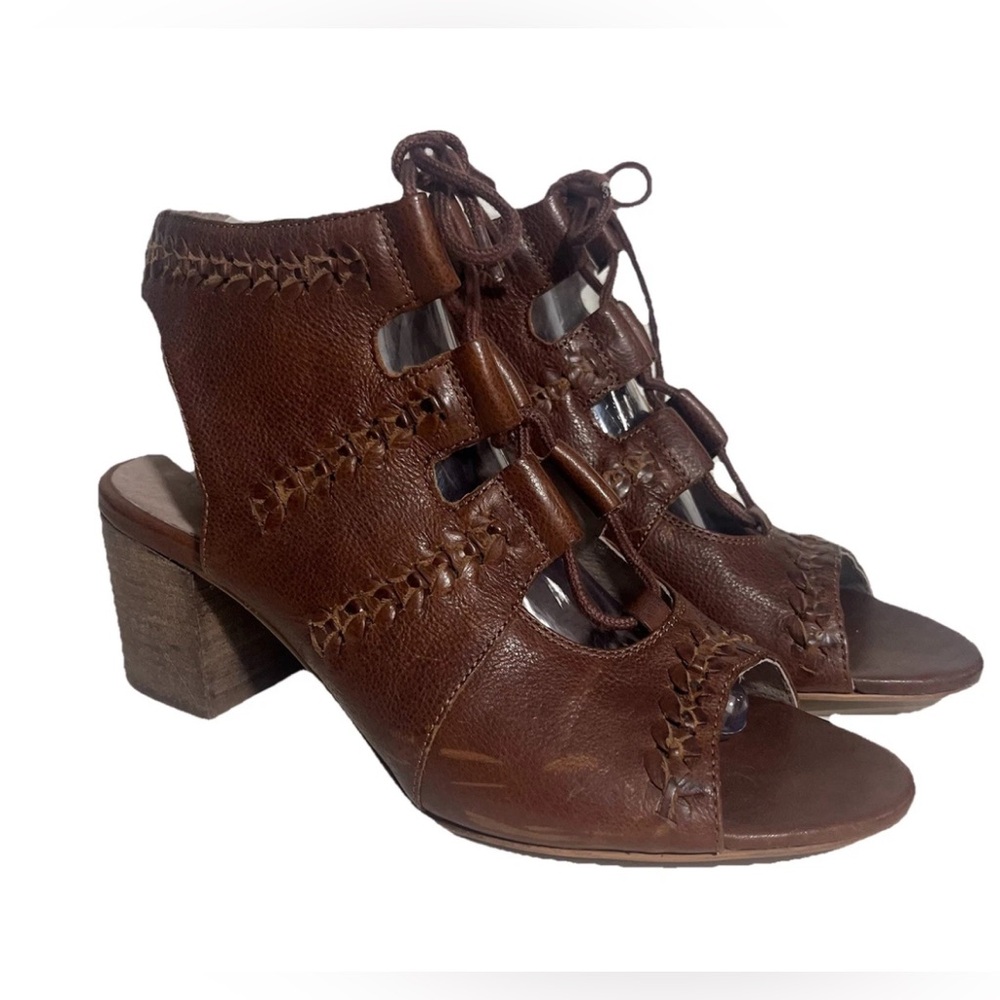 Fat Face Size 9 Brown Leather Womens Lace Up Open Toe Block Heel Sandals Shoe 41